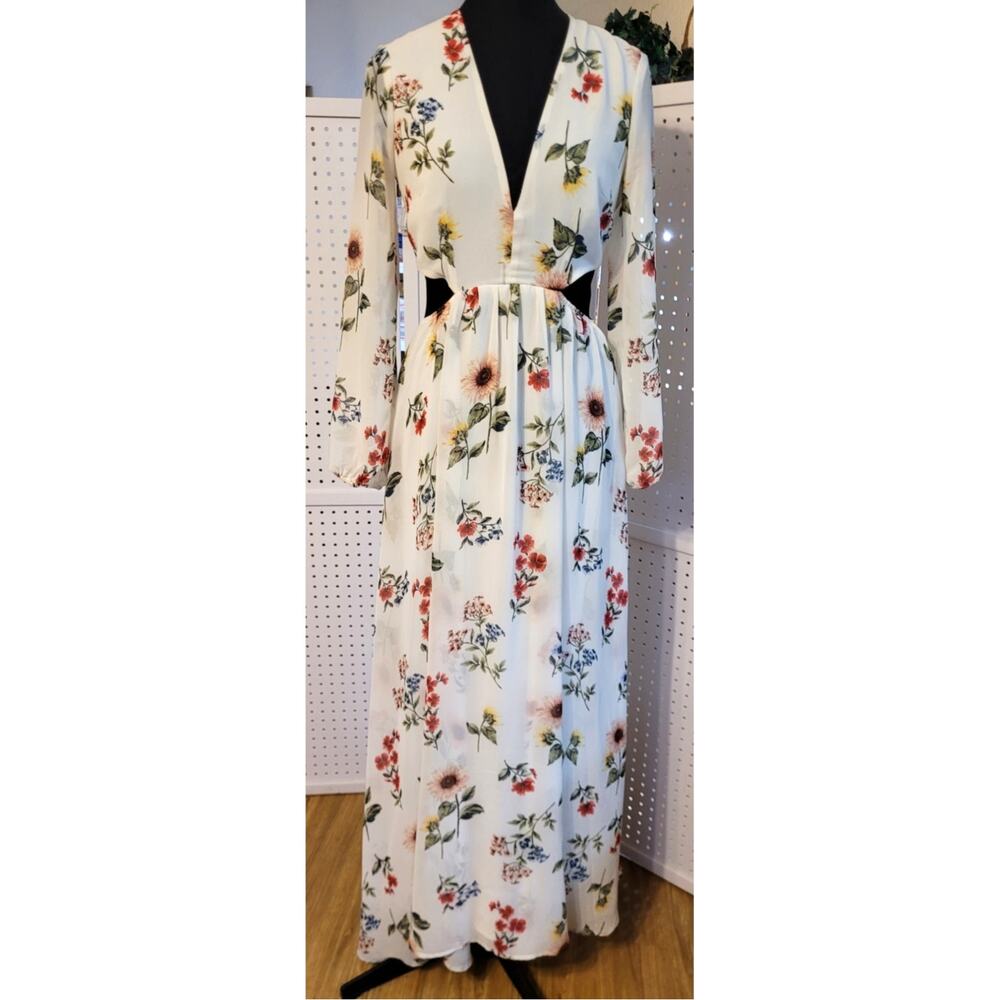 Forever 21 Maxi Dress Sz S Floral Side Cutouts Deep V Neckline Long Sleeves